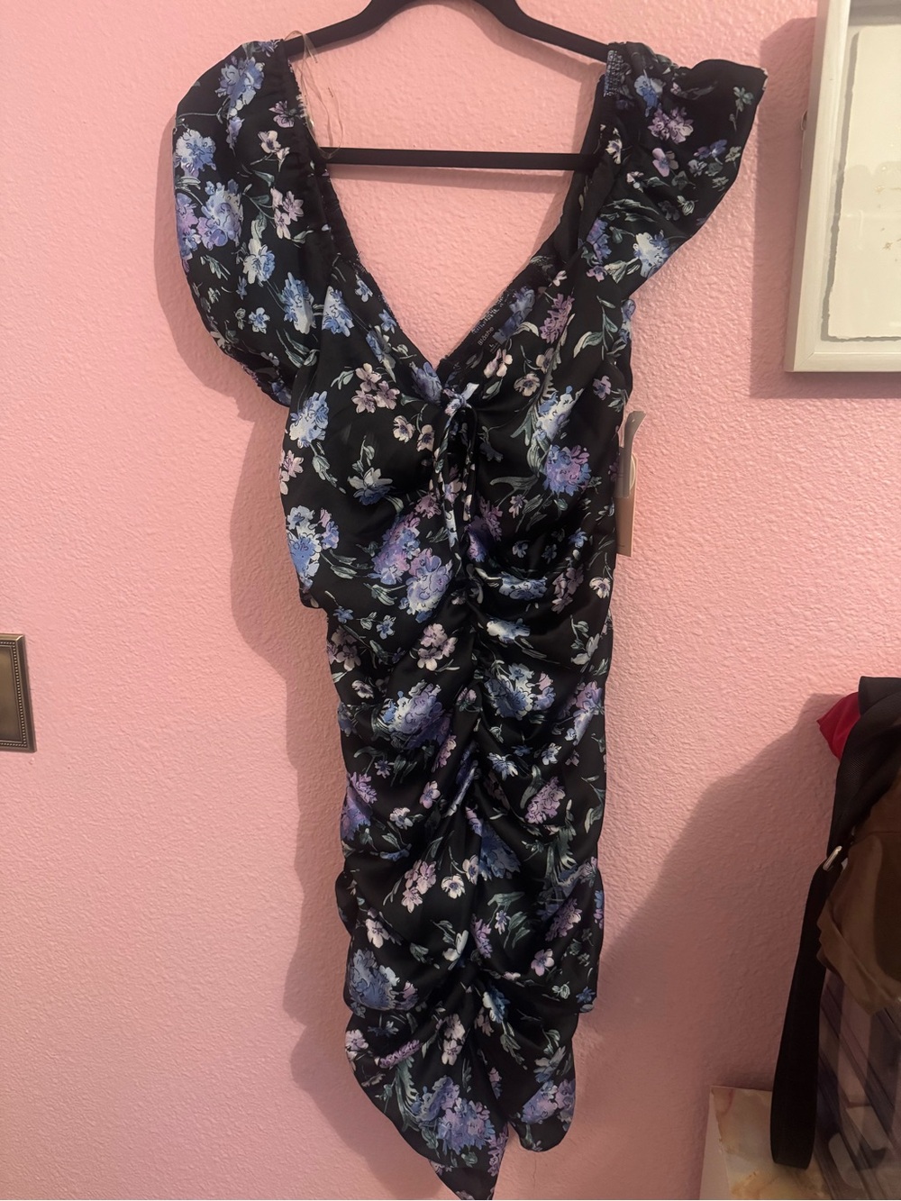 Black Floral Ruched V-Neck Midi Dress